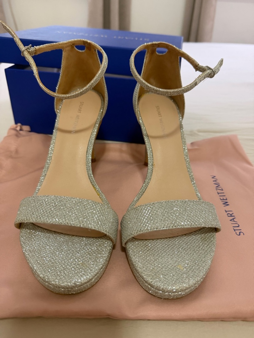 Stuart Weitzman Champagne Glitter Ankle-Strap Sandals
